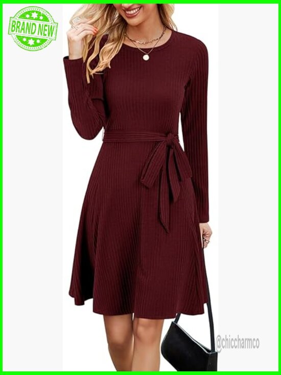 Dresses & Skirts - Long Sleeve Knit Sweater Dress with Pockets, Belted Waist, Work Casual